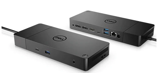 An image of the Dell WD19 dock for laptops, showing the front and back view.